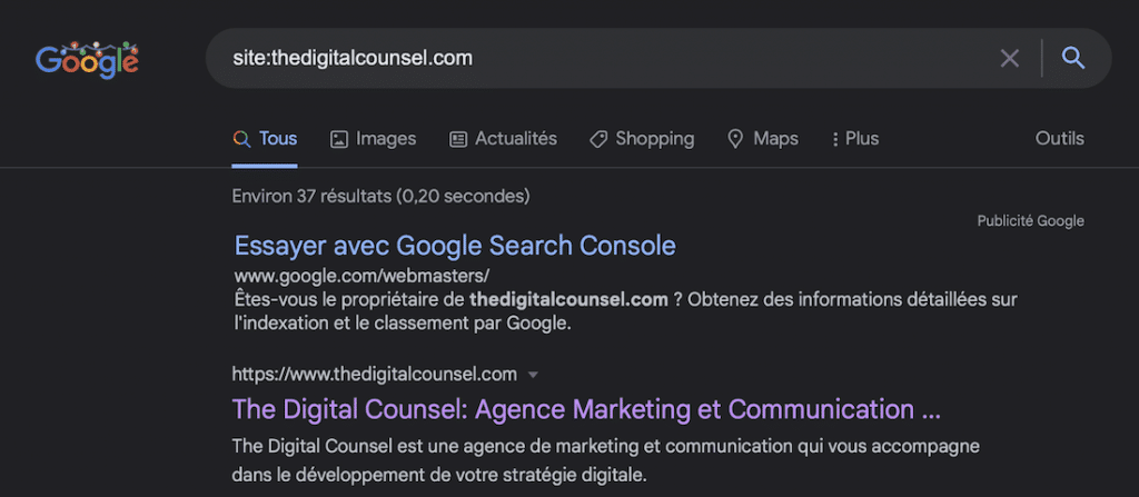 Recherche Google requête complexe balise site: The Digital Counsel