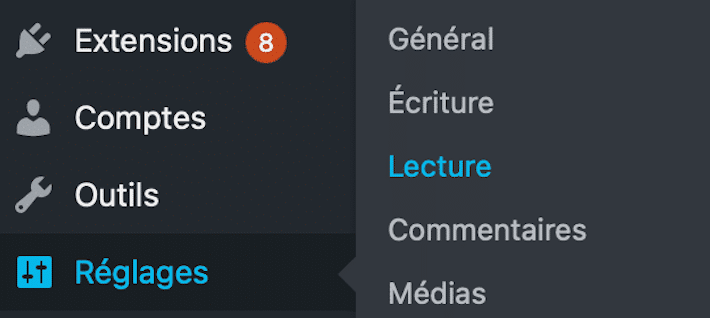 Site web WordPress réglages lecture